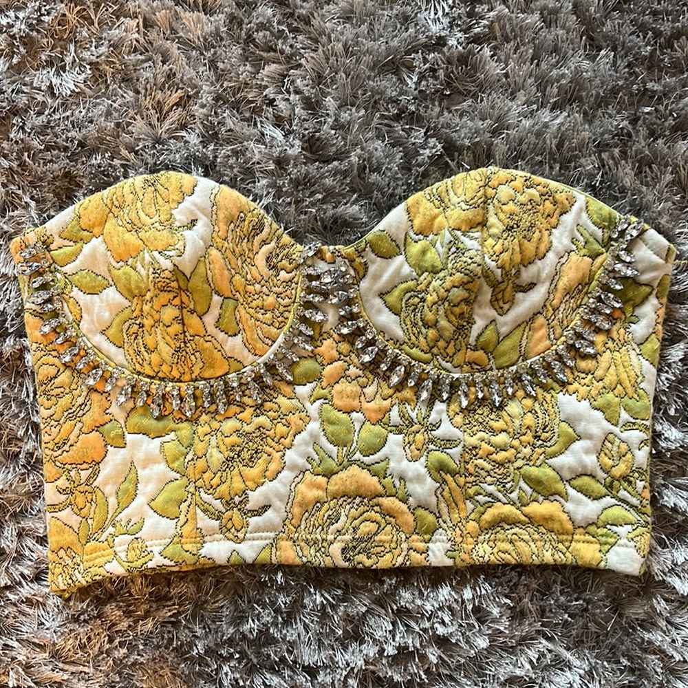 Zara Diamond Crop Top Bustier Yellow Green Ivory size Large with side zipper.